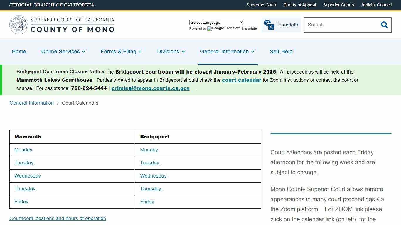 Court Calendars Superior Court of California County of Mono`